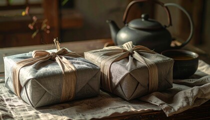 Two beautifully wrapped gifts on a table with a teapot.