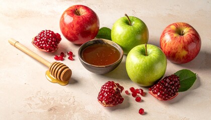 Traditional Rosh Hashanah symbols with apples honey and pomegranates.