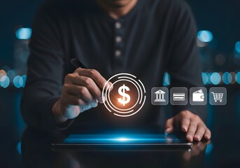 Man using tablet with dollar sign and bank card wallet and shopping cart icons floating above it