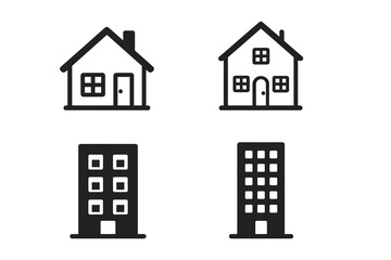 Vector set of home and apartment icons, residential house symbols, urban buildings, house with chimney and windows, real estate concept, property and architecture design