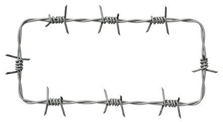 Isolated gray metal barbed wire border frame rectangle shape with sharp spikes on twisted strands