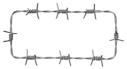 Isolated gray metal barbed wire border frame rectangle shape with sharp spikes on twisted strands