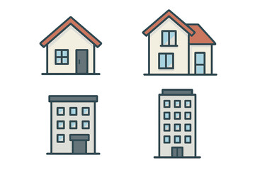 Vector illustration of residential buildings set with houses and apartment buildings, home and urban living icons, modern architecture design elements for real estate and housing concepts