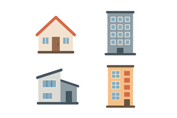 Vector illustration of diverse home and apartment buildings collection, residential houses and urban apartments icons, real estate concept, modern living, housing options