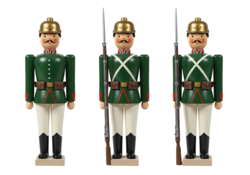 Isolated Wooden Toy Soldier Figurines Standing Upright in a Row on Light-Colored Base