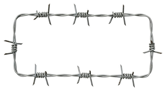 Isolated gray metal barbed wire border frame rectangle shape with sharp spikes on twisted strands