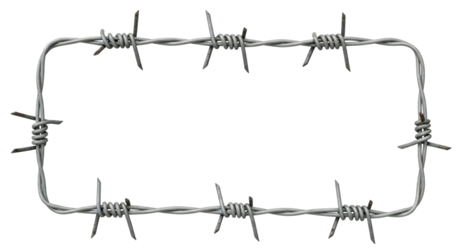 Isolated gray metal barbed wire border frame rectangle shape with sharp spikes on twisted strands