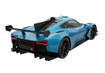 Isolated Light Blue Race Car Rear View, Black Accents, Wing Spoiler, Speed, Motorsport