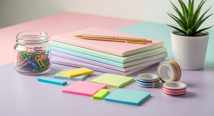 Pastelthemed desk setup featuring a stack of notebooks, a gold pen, a jar of paperclips, sticky notes, washi tape, and a small potted plant, creating a calming and aesthetically pleasing workspace