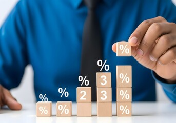 Person stacking wooden blocks with percentage symbols and numbers in a rising bar graph format