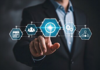 Person touching digital icons representing time management and business process automation tools