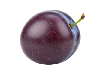Isolated ripe plum with a small stem on a simple light backdrop in clean, commercial style
