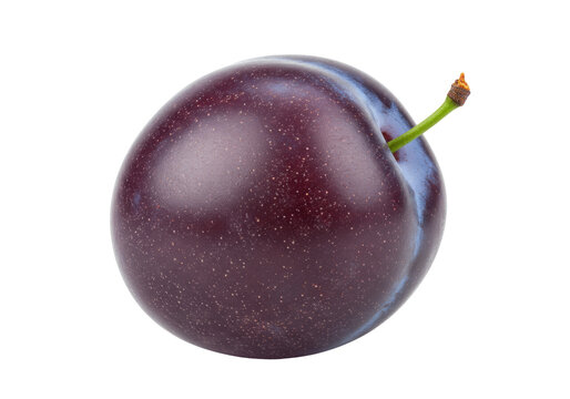Isolated ripe plum with a small stem on a simple light backdrop in clean, commercial style
