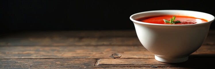 White ceramic bowl filled with red tomato soup on wooden table. Dark background. Green mint leaves as garnish. Healthy and vegetarian. Comfort food photo for food blog and recipe website.