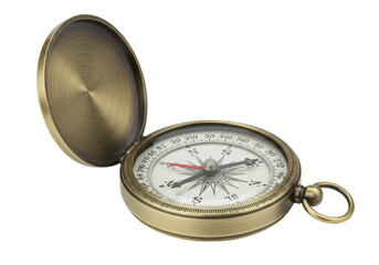 Isolated Brass Compass with Lid Open, Orienting the Directions for Travel and Navigation