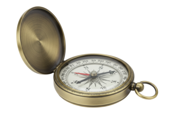 Isolated Brass Compass with Lid Open, Orienting the Directions for Travel and Navigation