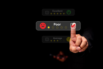 A hand points to a "Poor" rating on a feedback system, highlighting dissatisfaction in a digital review context.