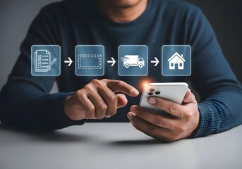 Person using a smartphone with logistics icons showing order processing and home delivery steps online