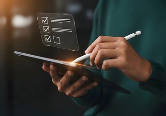 Person using a stylus on a tablet with a checklist displayed on the screen in digital format