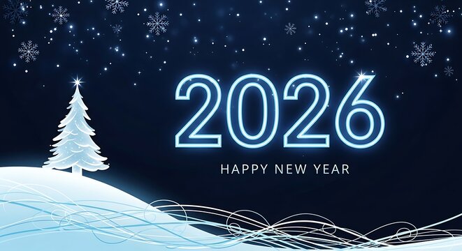 Glowing neon 2026 text and snowy christmas tree against a dark starry night sky with snowflakes - Powered by Adobe