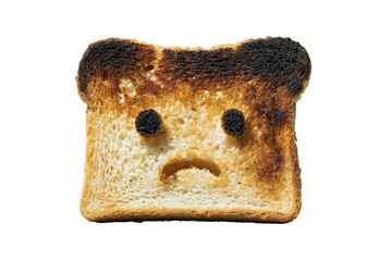 Sad burnt toast with a face on a transparent background