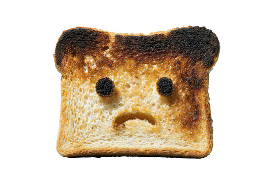 Sad burnt toast with a face on a transparent background