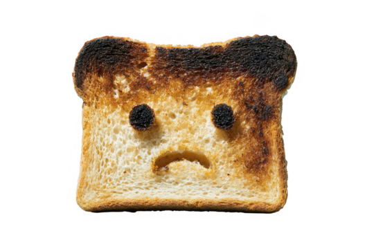 Sad burnt toast with a face on a transparent background