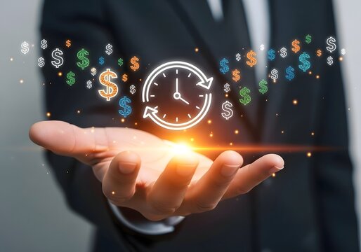 A hand holding a clock with arrows and dollar signs floating above representing time is money concept - Powered by Adobe