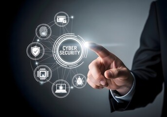 A man in a suit touching a cyber security interface with various icons on a dark background