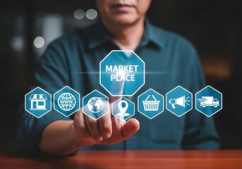 A man touching a market place icon with various online shopping icons displayed in front of him