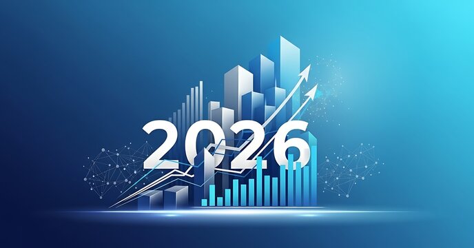 Futuristic cityscape 2026 with growing business charts and blue gradient background