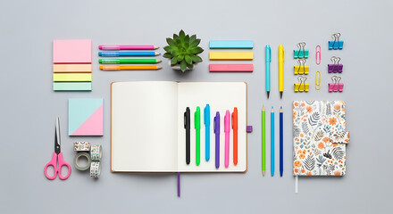 Overhead shot of an open notebook surrounded by colorful stationery, including pens, sticky notes, scissors, and decorative tape perfect for creative projects and organization