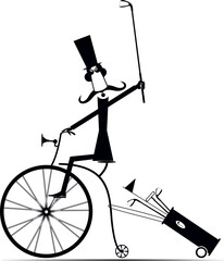 Cartoon long mustache gentleman in the top hat on rides a penny-farthing to play golf