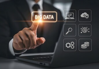 A person touching a big data button on a laptop with icons of cloud and gear technology shown