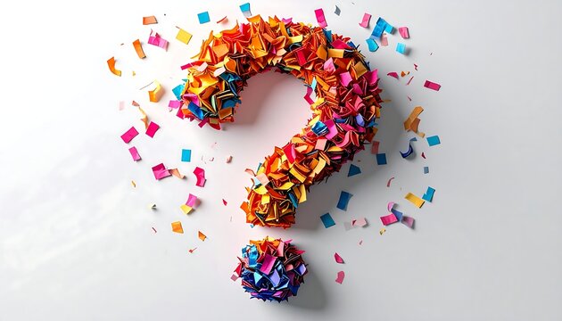 A brightly colored question mark comprised of small, paper-like shapes, with a white background and surrounding confetti