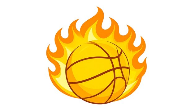 A cartoon illustration features a basketball enveloped in bright orange flames, set against a pristine white background
