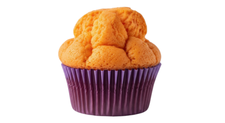 Isolated orange cupcake in purple wrapper, sweet baked treat for dessert or snack at bakery