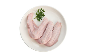 Fresh raw duck wings in white plate isolated on white background with clipping path.Top view
