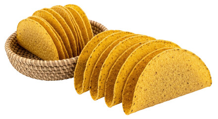 Isolated Pile of Crispy Taco Shells in Wicker Basket, Ready for Filling, Mexican Snack