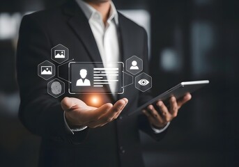 Man in suit holding tablet with digital id interface and security icons floating above his hand