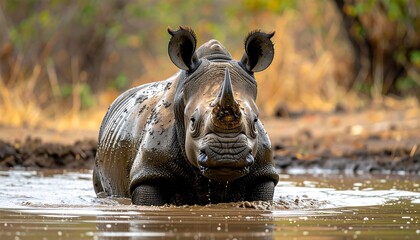 A close-up captures a rhinoceros standing in muddy water, its gaze fixed forward. The image highlights the animal's impressive horn and rugged texture