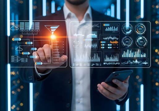 Man interacting with digital interface in server room displaying data and charts on screen