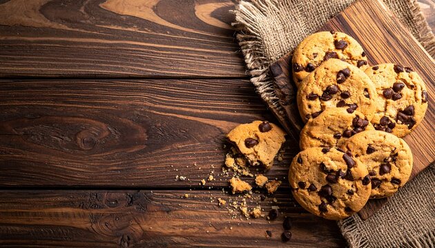 A close-up image showcases a group of freshly baked chocolate chip cookies arranged on a rustic wooden cutting board. The setting highlights the textures