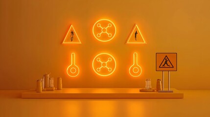 Glowing radioactive isotope symbols a neon yellow background with hazard signage