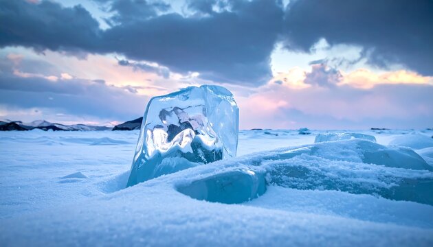 A close-up shot of a transparent ice chunk atop a snowy landscape under a cloudy, dusk sky with pastel hues