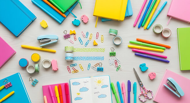 Overhead shot of a colorful array of stationery items scattered on a white wooden surface, including notebooks, pens, clips, and washi tape, creating a vibrant and creative workspace scene