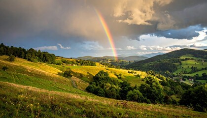 countryside hilly landscape with dark clouds and a vibrant rainbow