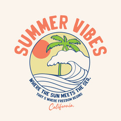 Traditional abstract summer ocean sea waves sun and surf beach illustration graphic retro typography slogan print for t-shirt or poster sticker - Vector