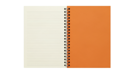 Isolated notebook with an orange cover and an open lined page for writing or journaling