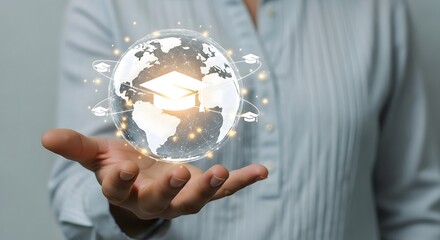 Person holding globe with graduation cap icons representing global education and online learning access